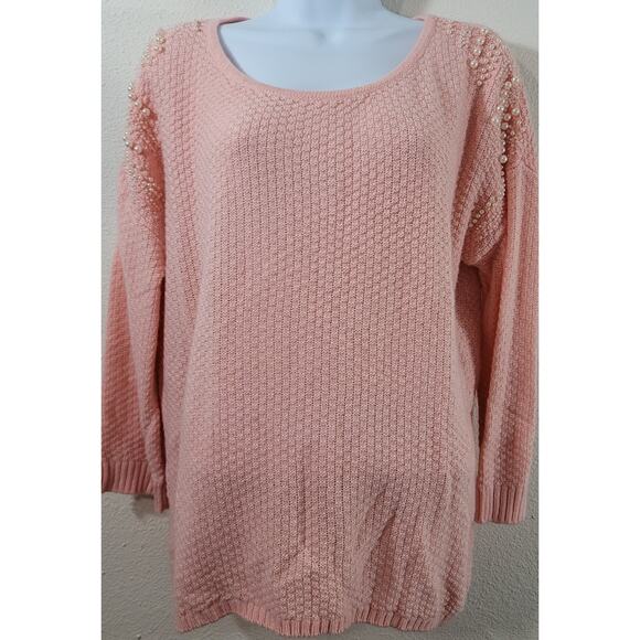 Cato Pink Waffle Knit Pearls On Shoulders Sweater XL Lightweight Soft Stretchy - Picture 1 of 6